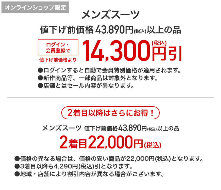 [オンラインショップ限定] メンズスーツ 値下げ前価格43,890円(税込)以上の品 ログイン・会員登録で値下げ前価格より14,300円(税込)引 2着目以降はさらにお得！ メンズスーツ 値下げ後価格43,890円(税込)以上の品 2着目22,000円(税込)