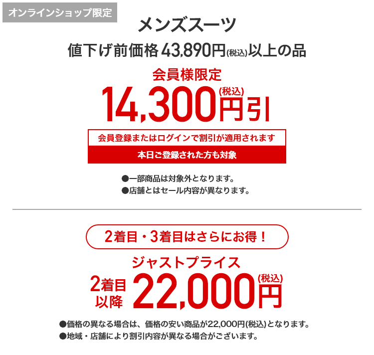 [オンラインショップ限定] メンズスーツ 値下げ前価格43,890円(税込)以上の品 会員様限定 14,300円(税込)引 会員登録またはログインで割引が適用されます 本日ご登録された方も対象 2着目・3着目はさらにお得！ 2着目以降 ジャストプライス 22,000円(税込)