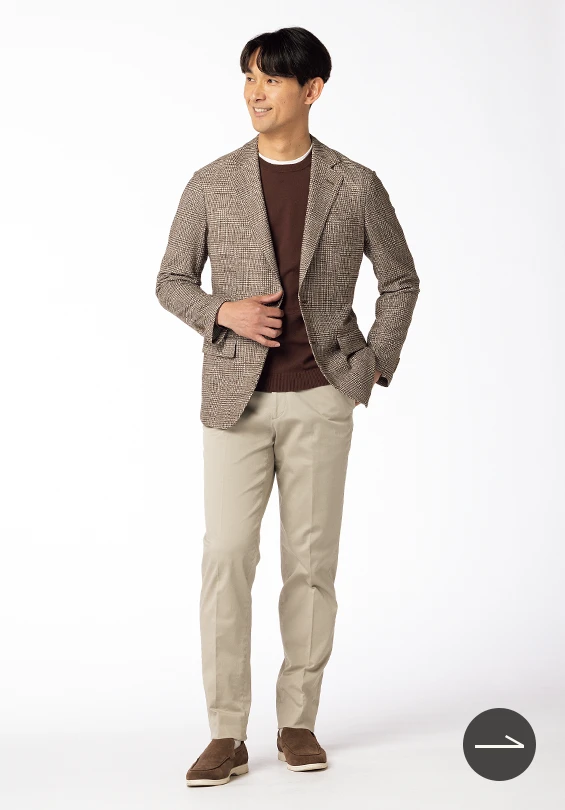 尾州リネン混 エアリーニットジャケット ブラウン マイクロ柄のスタイリングイメージ