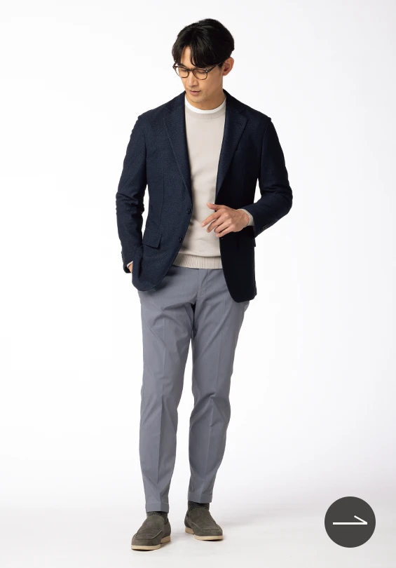 尾州リネン混 エアリーニットジャケット ネイビー 無地のスタイリングイメージ