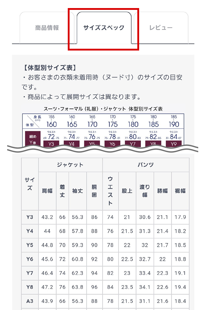 アオキ　スーツ　サイズ違い