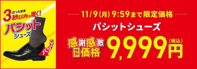 11/9(月) 9:59まで限定価格 パシットシューズ 感謝感激特別価格 9,999円(税込)
