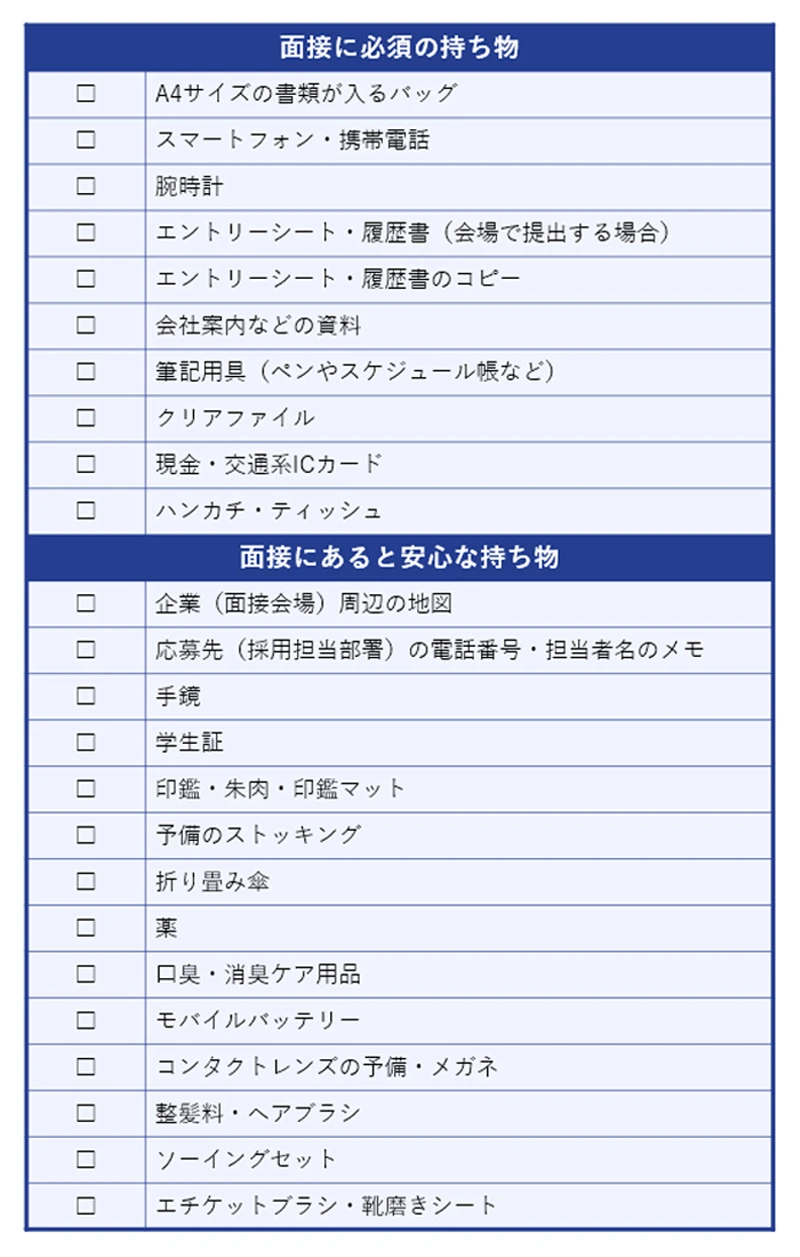 面接に必須の持ち物、あると安心な持ち物一覧