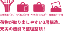 荷物が取り出しやすい3層構造。充実の機能で整理整頓！