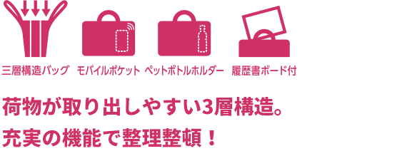 荷物が取り出しやすい3層構造。充実の機能で整理整頓！
