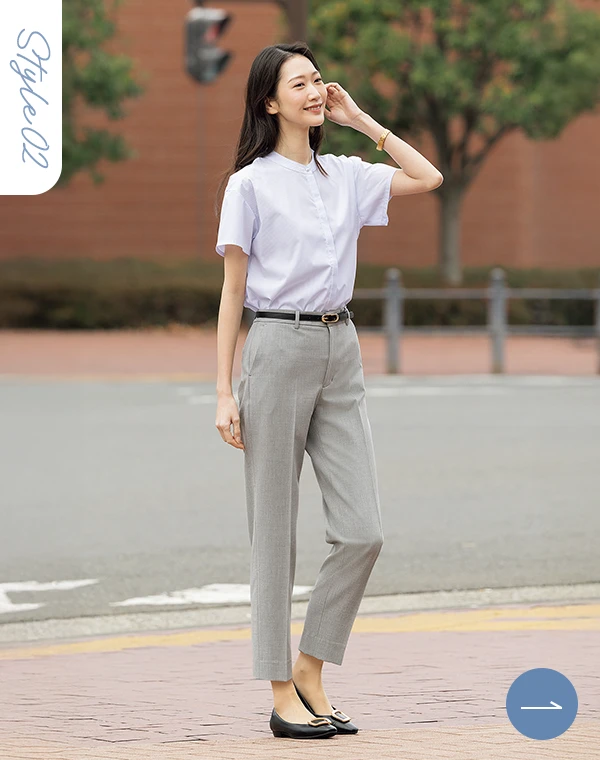 さらっとバンブー バンブーレーヨンバンドカラーシャツ 半袖 ブルーを着用したスタイル