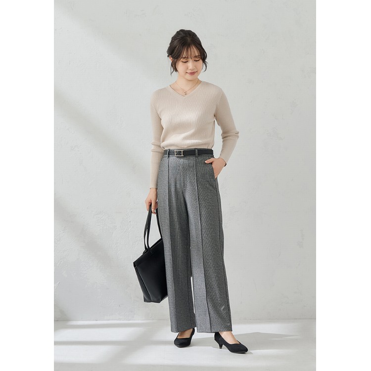 TRストレッチ フレアパンツ ベージュ千鳥格子 セットアップ着用可