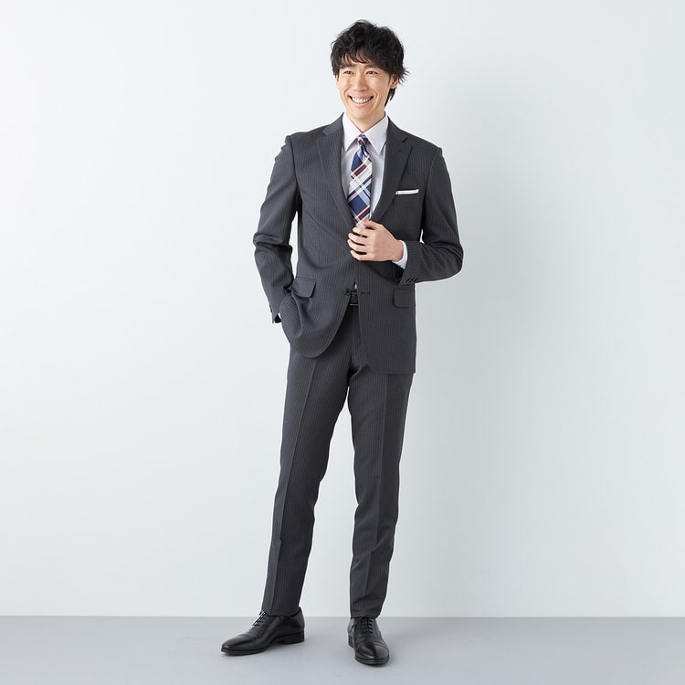 洗える ストレッチ サステナブル 2パンツスーツ グレー ストライプ