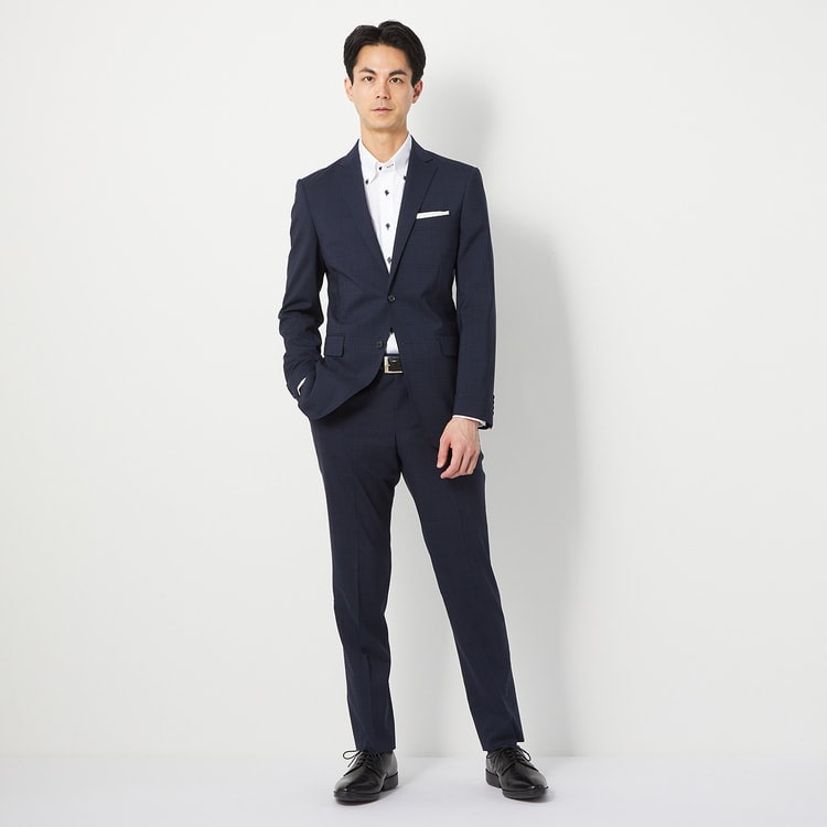 洗える ストレッチ 2パンツスーツ 紺チェック LES MUES ブリティッシュ