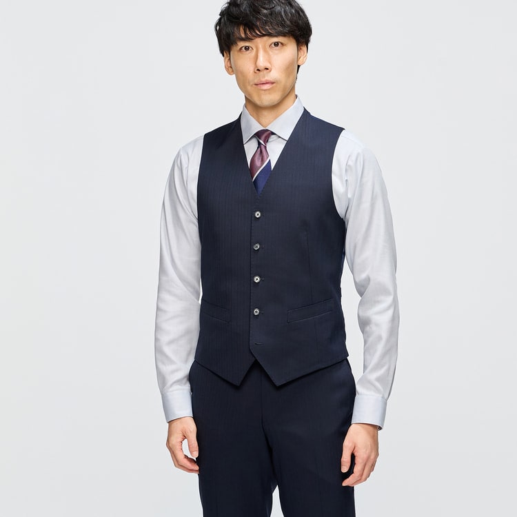 AOKI アオキ LESMUES 希少サイズ 洗える 3ピース 紺色 ストライプ 洗える ストレッチ スリーピーススーツ 紺シャドーストライプ