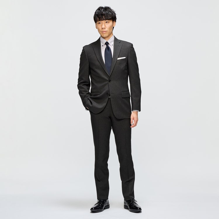 洗える ストレッチ サステナブル 2パンツスーツ チャコールグレー 無地