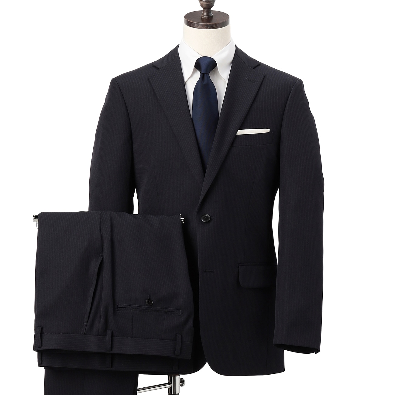 洗える 2パンツスーツ 紺ストライプ JOURNAL WORKS スリム