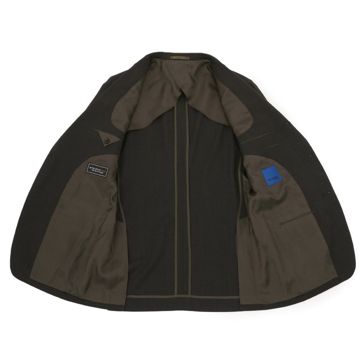 アスレチックウール 段返り3つボタンスーツ 茶織柄ストライプ スリム