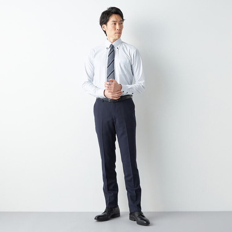 新品☆13号L紺系ストライプ♪うす手9分丈パンツスーツ♪お仕事・通勤☆b408 洗えるエアクールスーツ 2パンツ 紺織柄ストライプ LES MUES