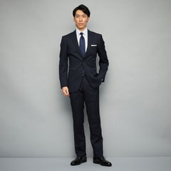 アスレチックウール 段返り3つボタンスーツ 紺ストライプ スリム