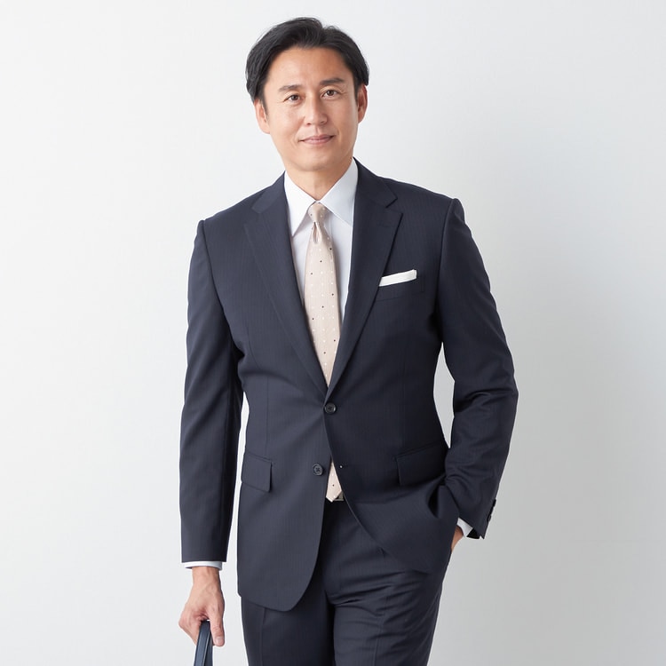 リサイクル素材使用 洗えるウールブレンド 2パンツスーツ 紺ストライプ