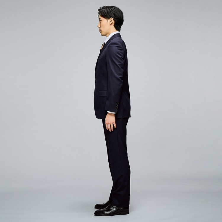 上質ストレッチ 尾州 段返り3つボタン 2パンツスーツ 紺シャドー