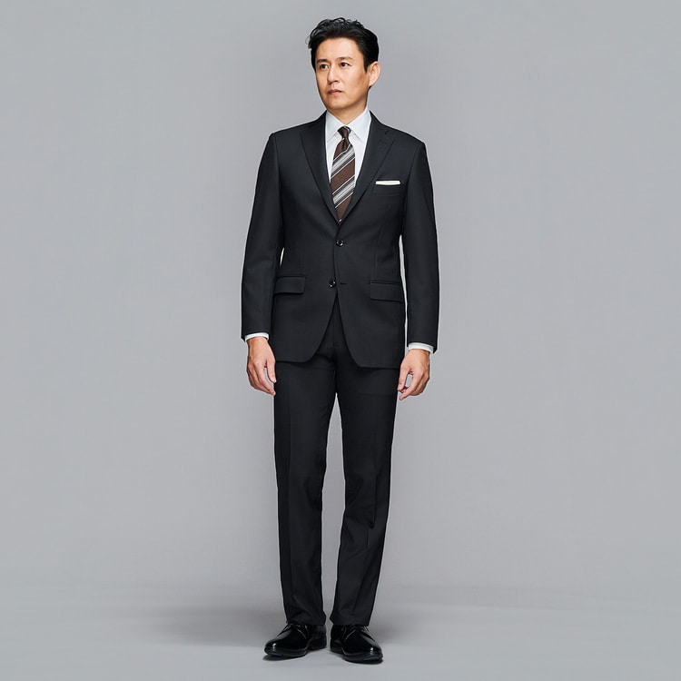 上質ストレッチ 2パンツスーツ 段返り3つボタン 黒シャドー スリム
