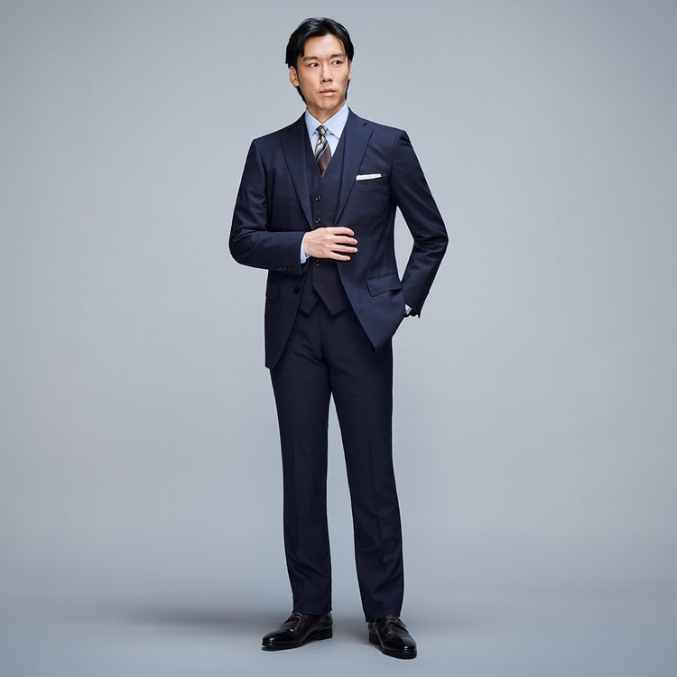 上質ストレッチスーツ 段返り3つボタン 紺チェック JUNKO SHIMADA