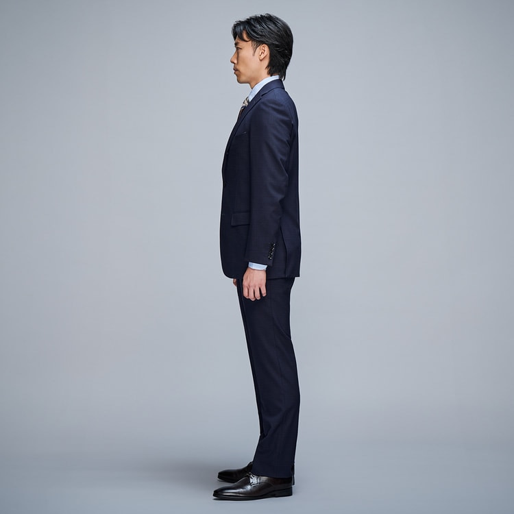 上質ストレッチスーツ 段返り3つボタン 紺チェック JUNKO SHIMADA