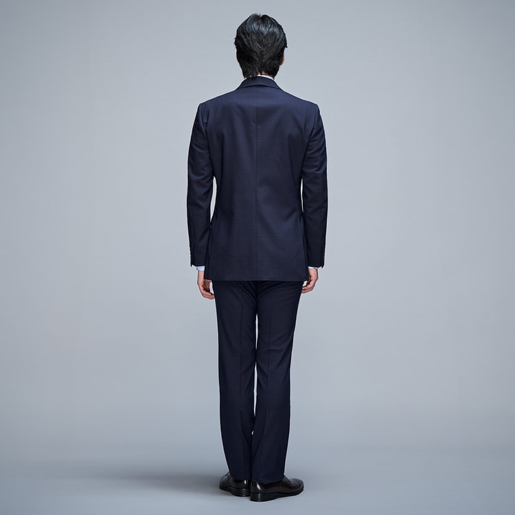 上質ストレッチスーツ 段返り3つボタン 紺チェック JUNKO SHIMADA