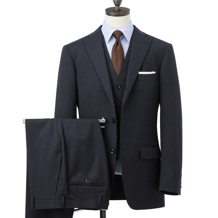 上質ストレッチスーツ 段返り3つボタン スリーピース 紺無地 JUNKO SHI