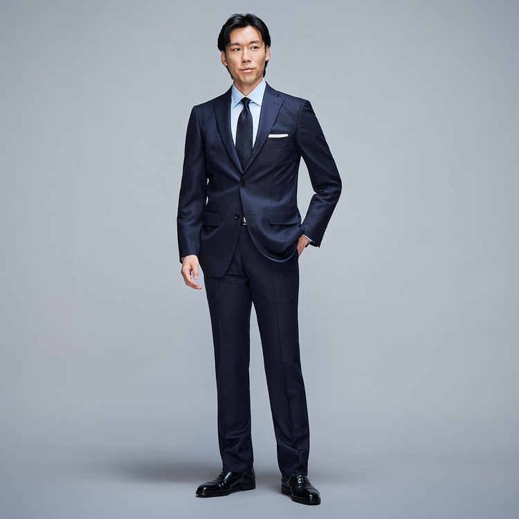 金のスーツ 段返り3つボタン 紺千鳥格子 スリム JUNKO SHIMADA J