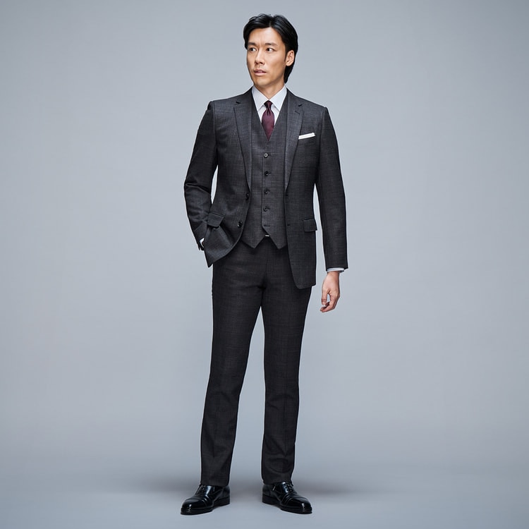 上質スリムストレッチスーツ グレー織柄無地 MAJI スリム 別売ベスト