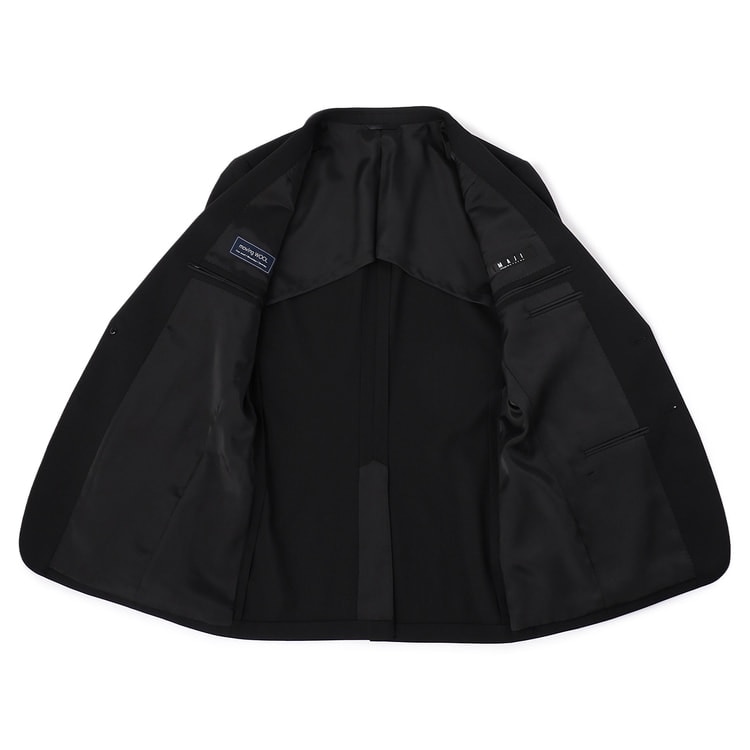美品★アオキ MAJI 上質 ストレッチスーツ ブラック シャドーストライプ 洗える ストレッチスーツ 茶織柄無地 LES MUES ブリティッシュスリム