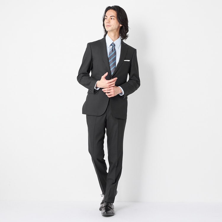 洗える 2パンツスーツ 紺 シャドーストライプ柄 LES MUES スリム【AOKI