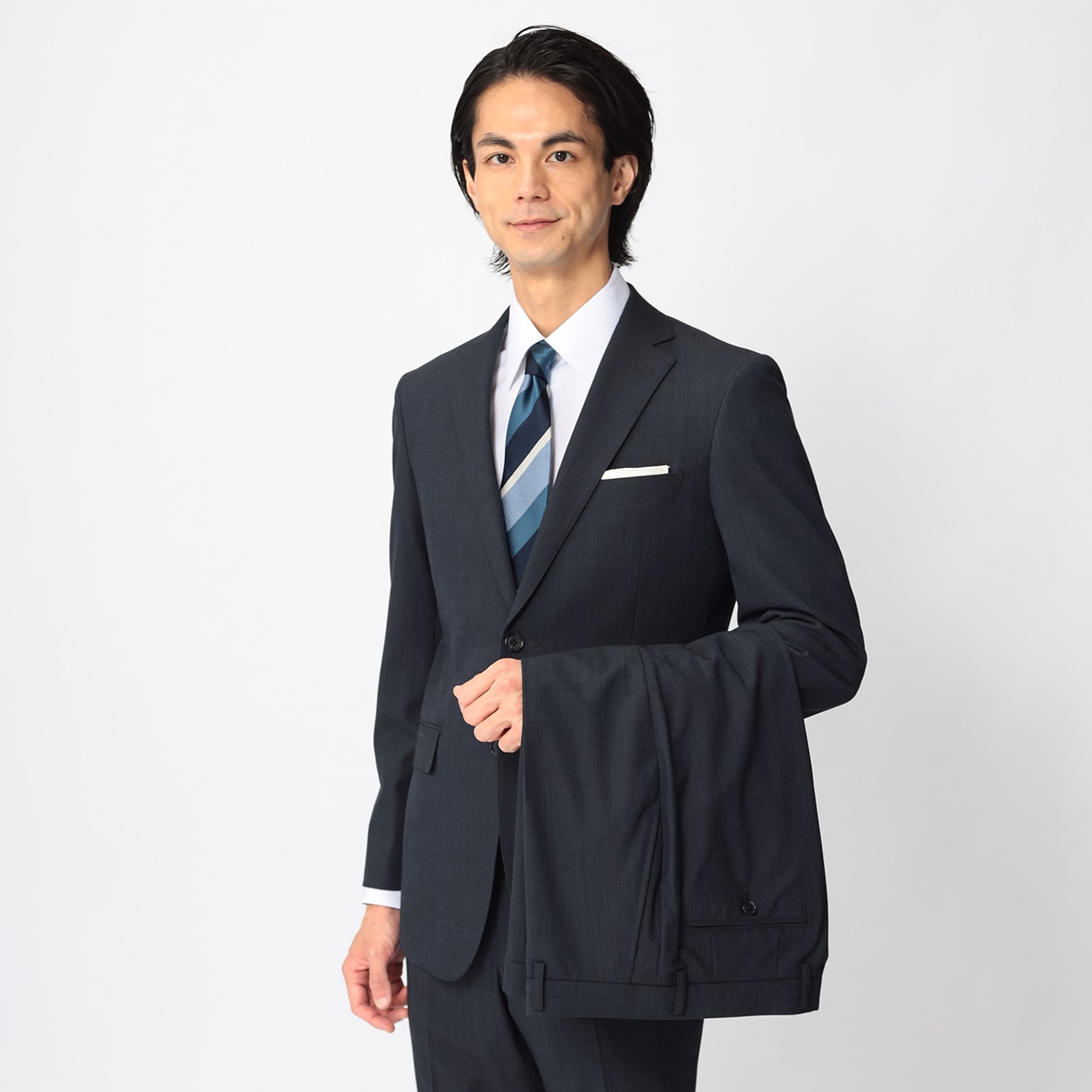 特価】【WEB限定価格】洗える ストレッチ 2パンツスーツ 紺織柄無地 
