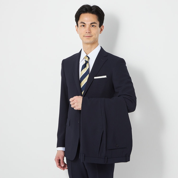洗える ストレッチ 2パンツスーツ 紺ストライプ LES MUES ブリティッシ