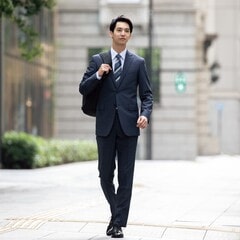 リサイクル素材使用 洗えるウールブレンドスーツ 紺無地調 LES MUES ブリティッシュスリム