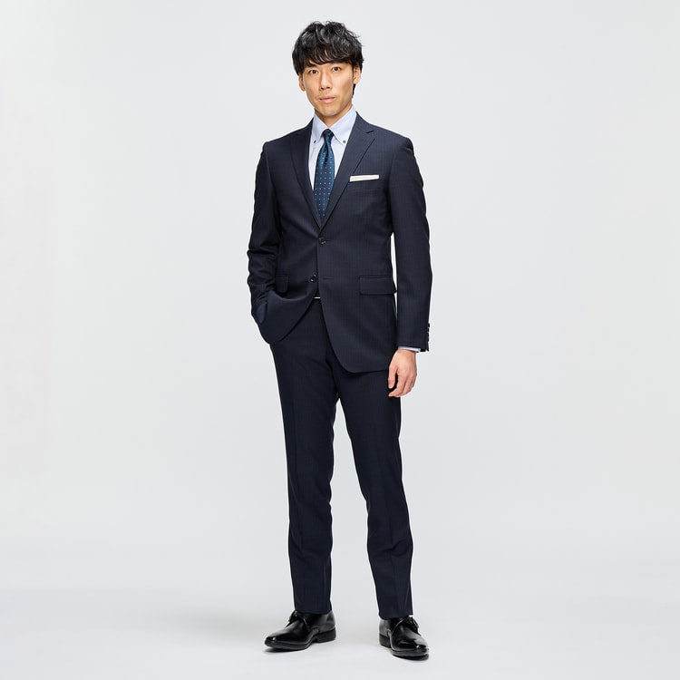 リサイクル素材使用 洗えるウールブレンド 2パンツスーツ 紺シャドー