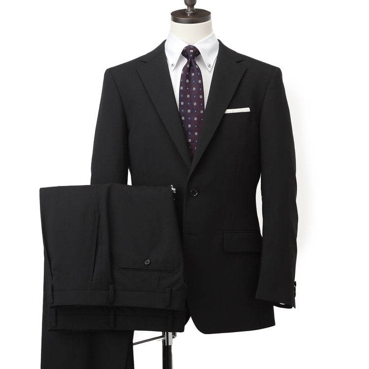 洗えるウールブレンドスーツ 2パンツ 黒無地調 LES MUES ベーシック