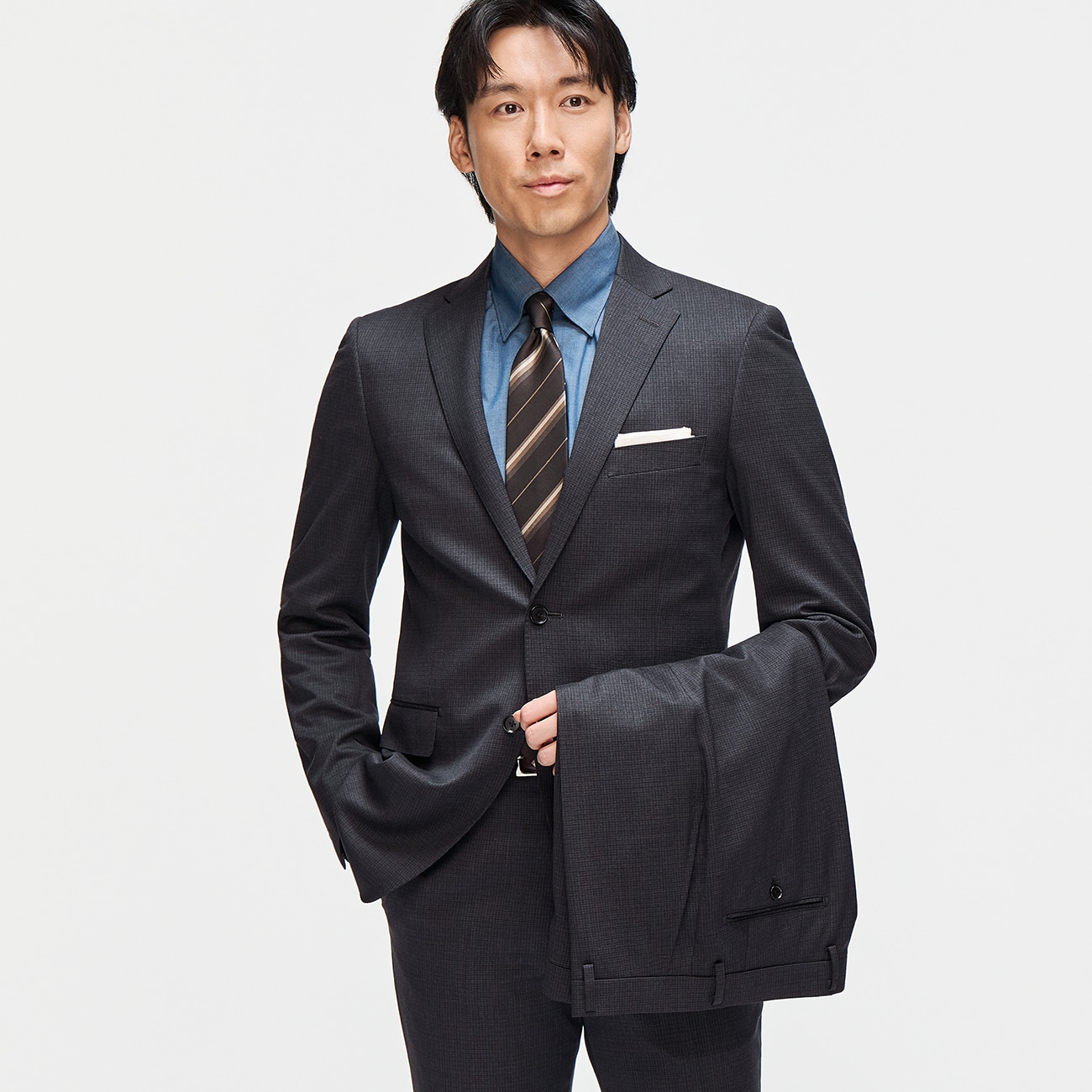 洗えるウールブレンドスーツ 2パンツ チャコールグレーマイクロチェック LES MUES ブリティッシュスリム 洗えるウールブレンドスーツ 2パンツ チャコールグレーマイクロチェック LES MUES ブリティッシュスリム