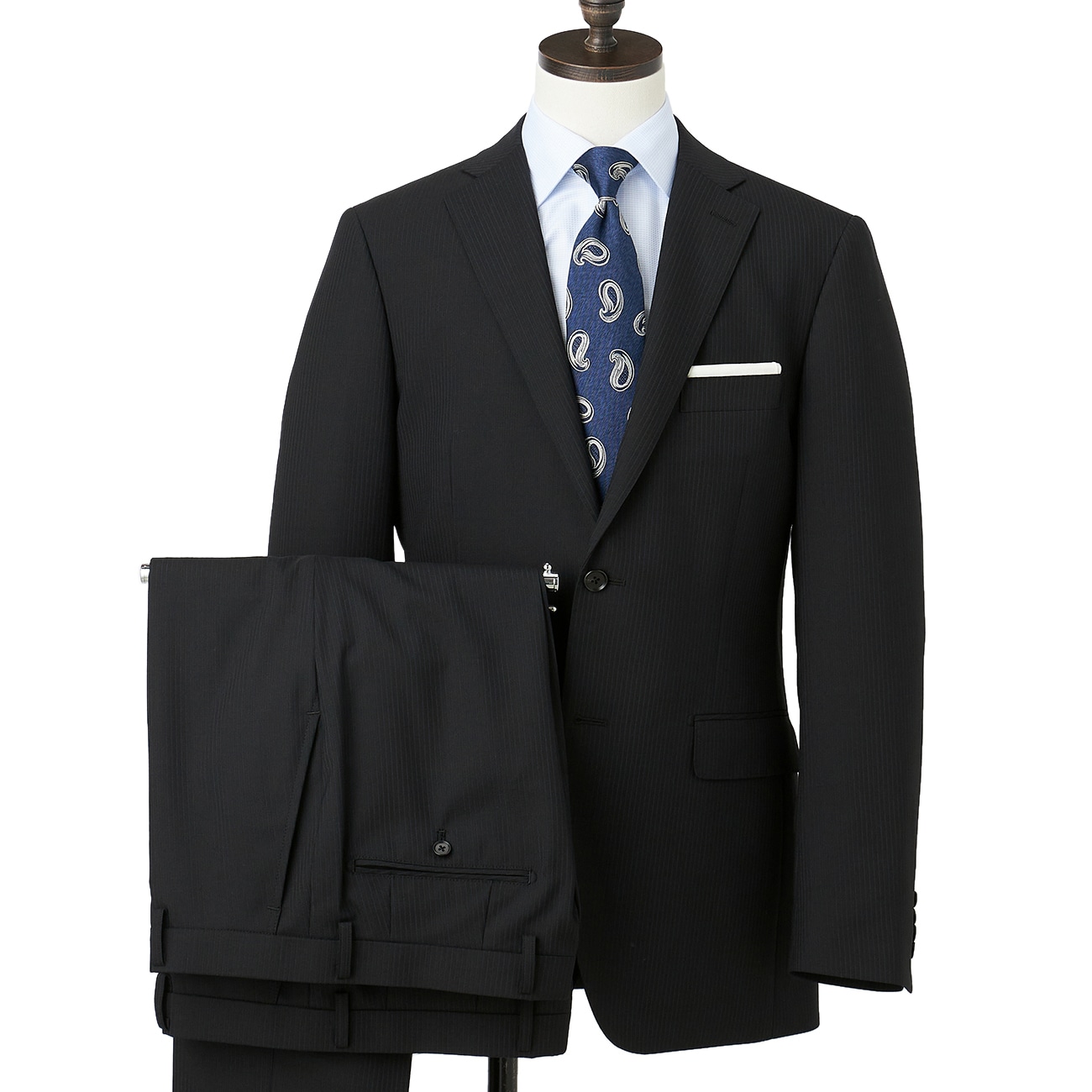 洗えるウールブレンドスーツ 2パンツ 黒ストライプ LES MUES ブリティッシュスリム 洗えるウールブレンドスーツ 2パンツ 黒ストライプ LES MUES ブリティッシュスリム