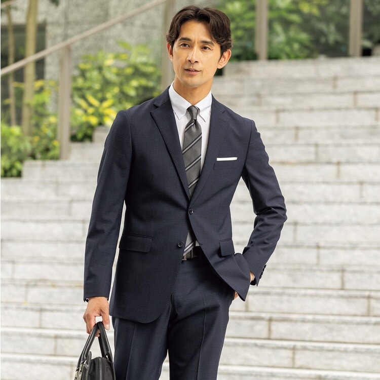 洗える 着回しクロススーツ LES MUES スリム 紺グレンチェック【AOKI