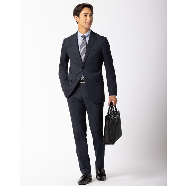 洗える 着回しクロススーツ LES MUES スリム 紺グレンチェック【AOKI