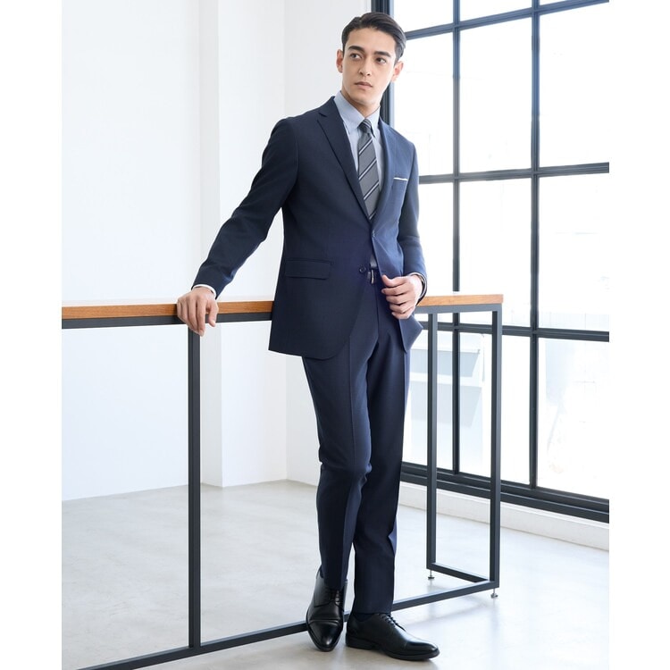 洗える 着回しクロススーツ LES MUES スリム 紺グレンチェック【AOKI