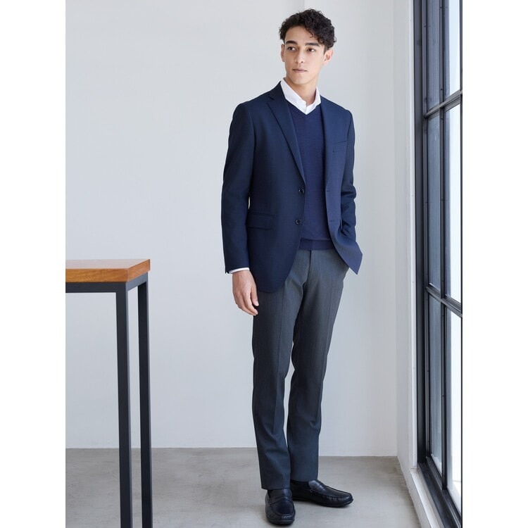 洗える 着回しクロススーツ LES MUES スリム 紺グレンチェック【AOKI