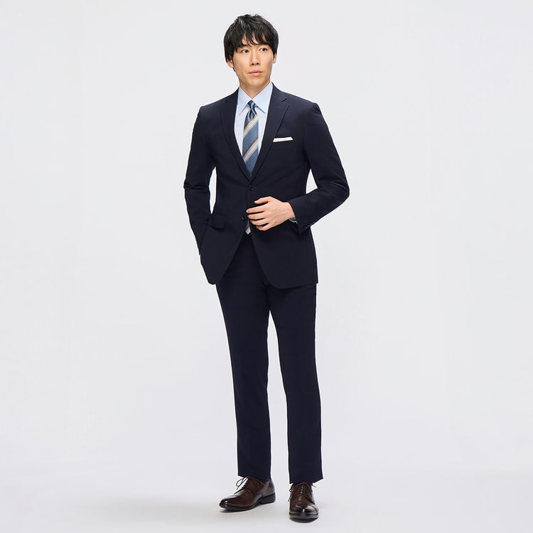 洗える ストレッチ サステナブルスーツ 紺 マイクロチェック LES MUES