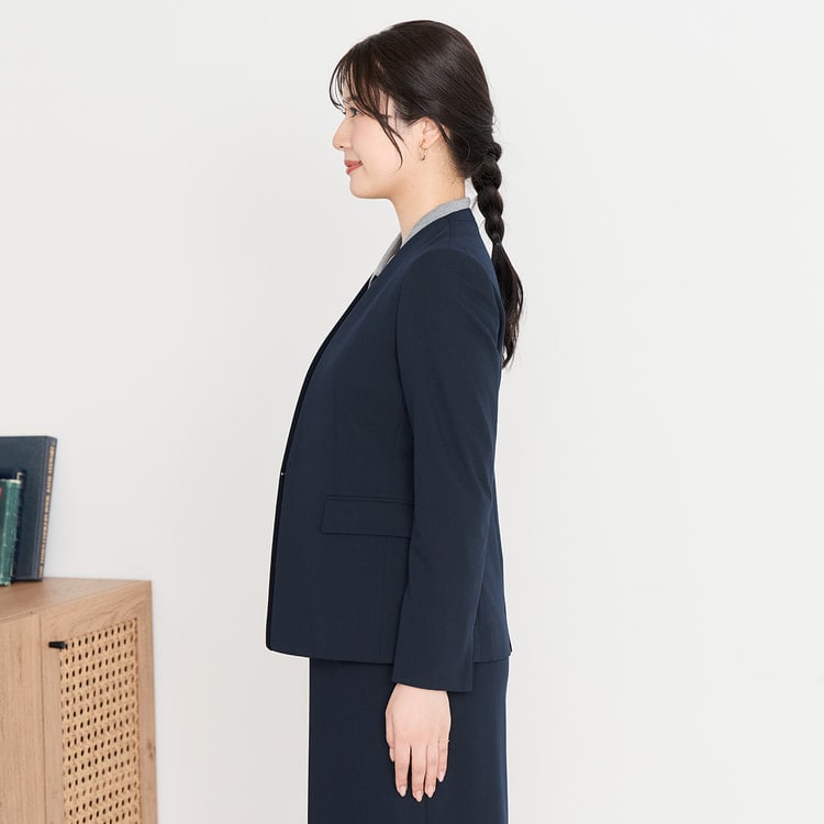 ライトストレッチ ノーカラージャケット 紺 セットアップ着用可【AOKI