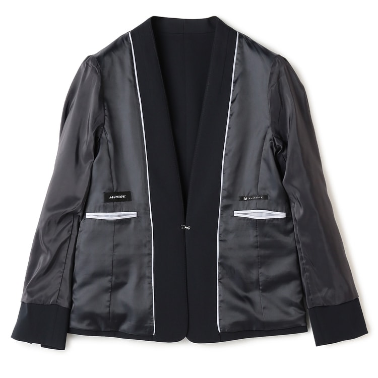 サテンストレッチ ノーカラージャケット 紺 セットアップ着用可【AOKI