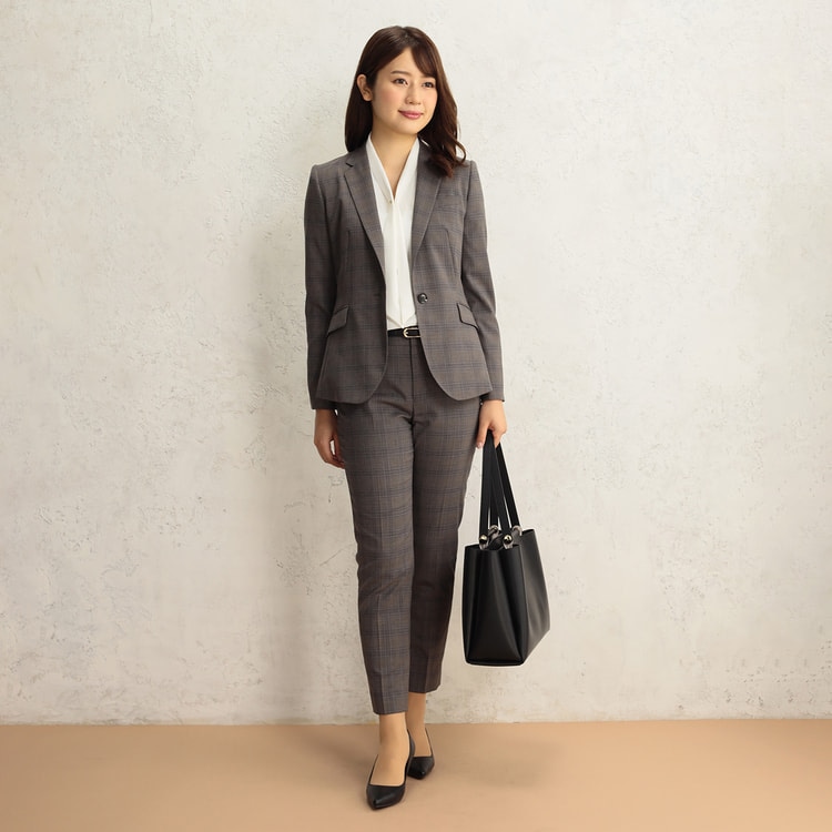 【WEB限定価格】茶チェックテーラードジャケット セットアップ着用可