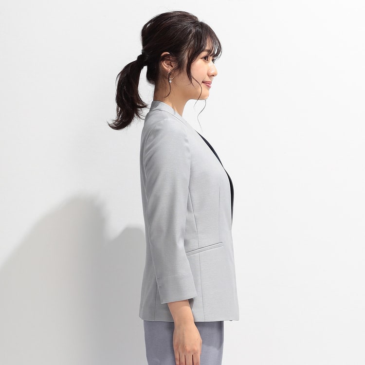 アウトレット】麻調 グレー ノーカラージャケット セットアップ着用可