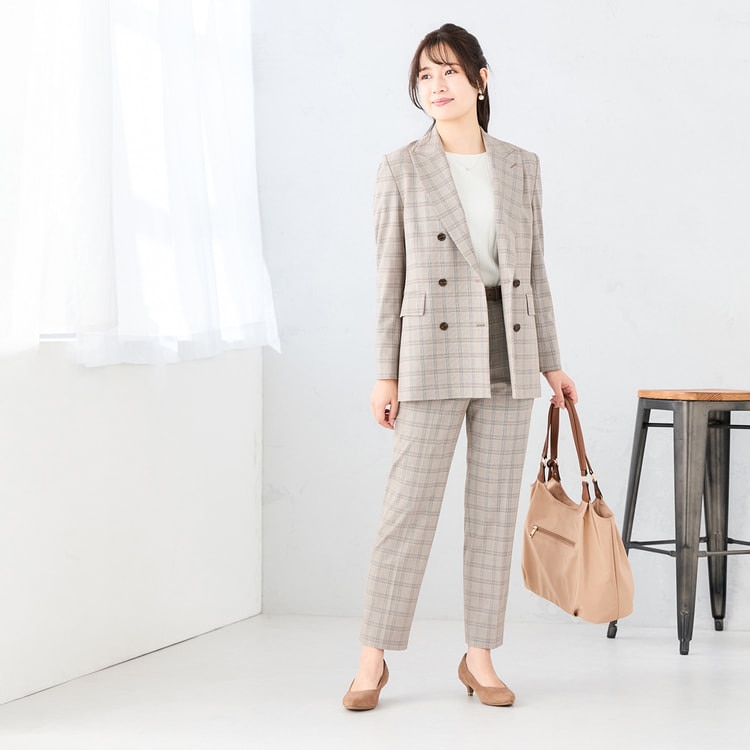 【タグ付】AOKI＆Oggiコラボ　ダブルジャケット テーパードパンツ ≪Oggi4月号掲載≫ 【Oggiコラボ】グレージュチェック ダブル
