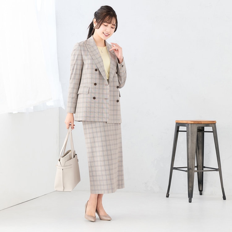 Oggiコラボ　スーツ　ジャケット　スカート　グレー　セットアップ｜AOKI ≪Oggi4月号掲載≫ 【Oggiコラボ】グレージュチェック ダブル