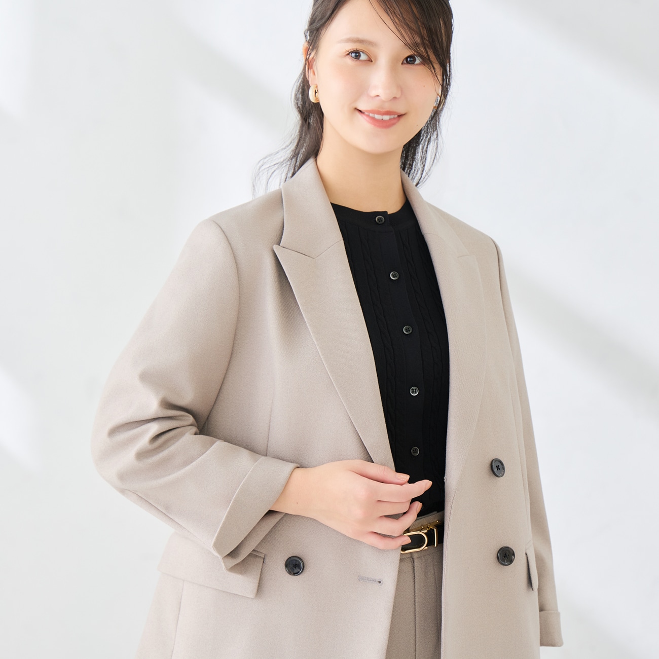 ネップツイードダブルジャコット｜洗える・保温｜グレージュ・織柄｜セットアップ対象