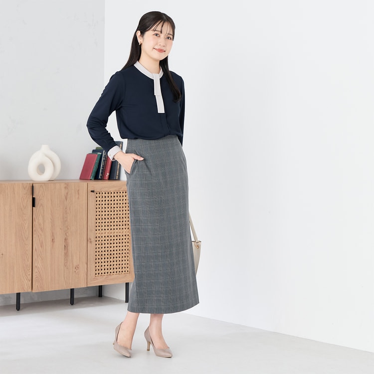 ライトストレッチ ロングタイトスカート グレーチェック セットアップ